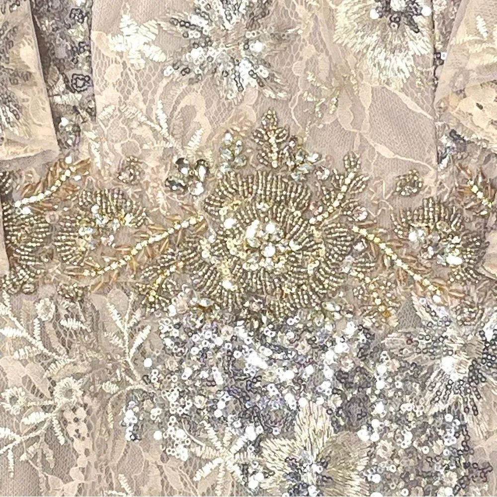 Mac Duggal 67842 Bell Sleeve Floral Embellished Formal Event Gown, Taupe Size 4